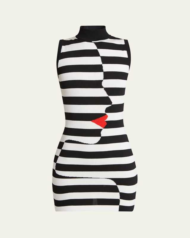 Face Print Striped Mini Body-Con Dress